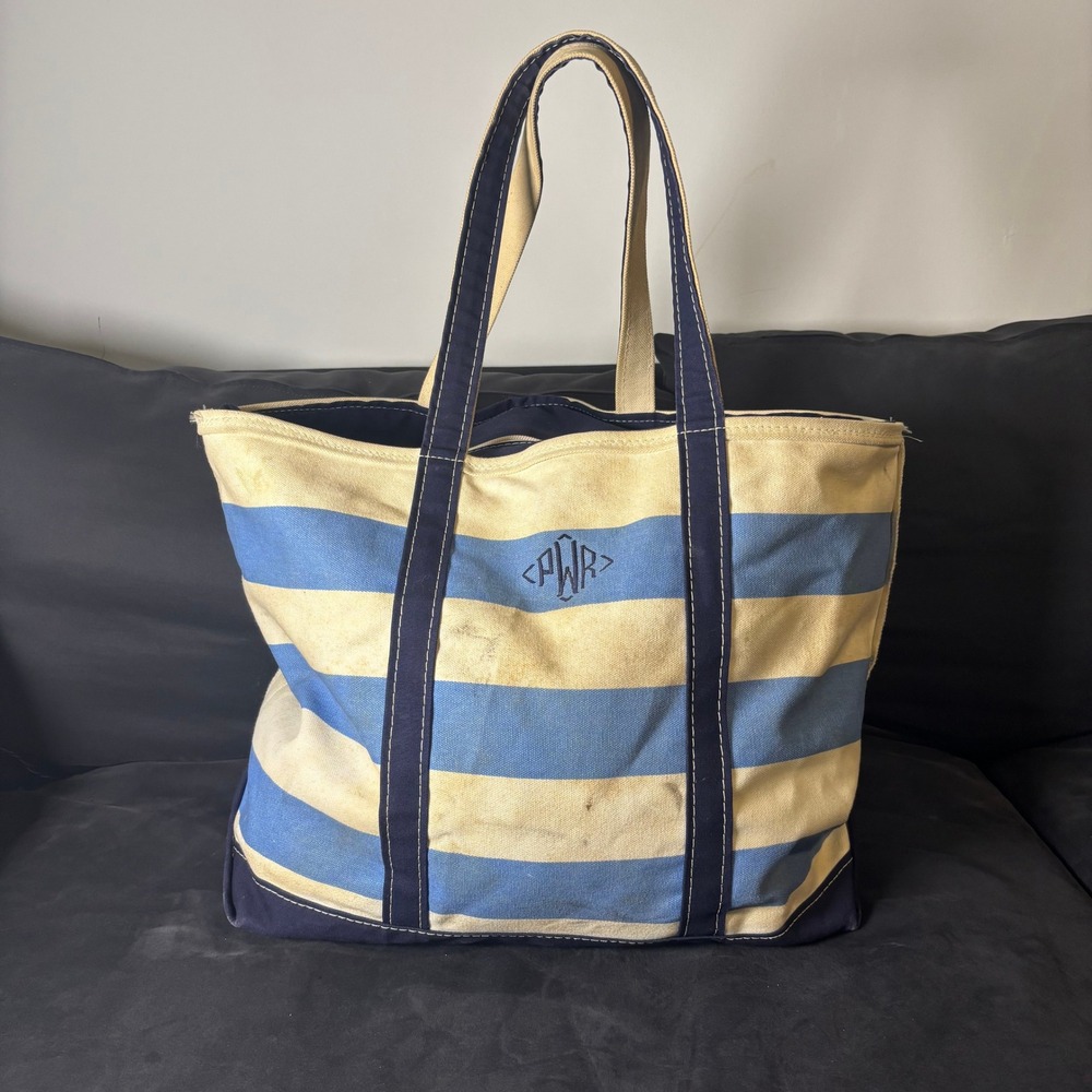 LL Bean Boat and Tote Zip Top Canvas Bag Blue Striped Monogram PWR Large USA